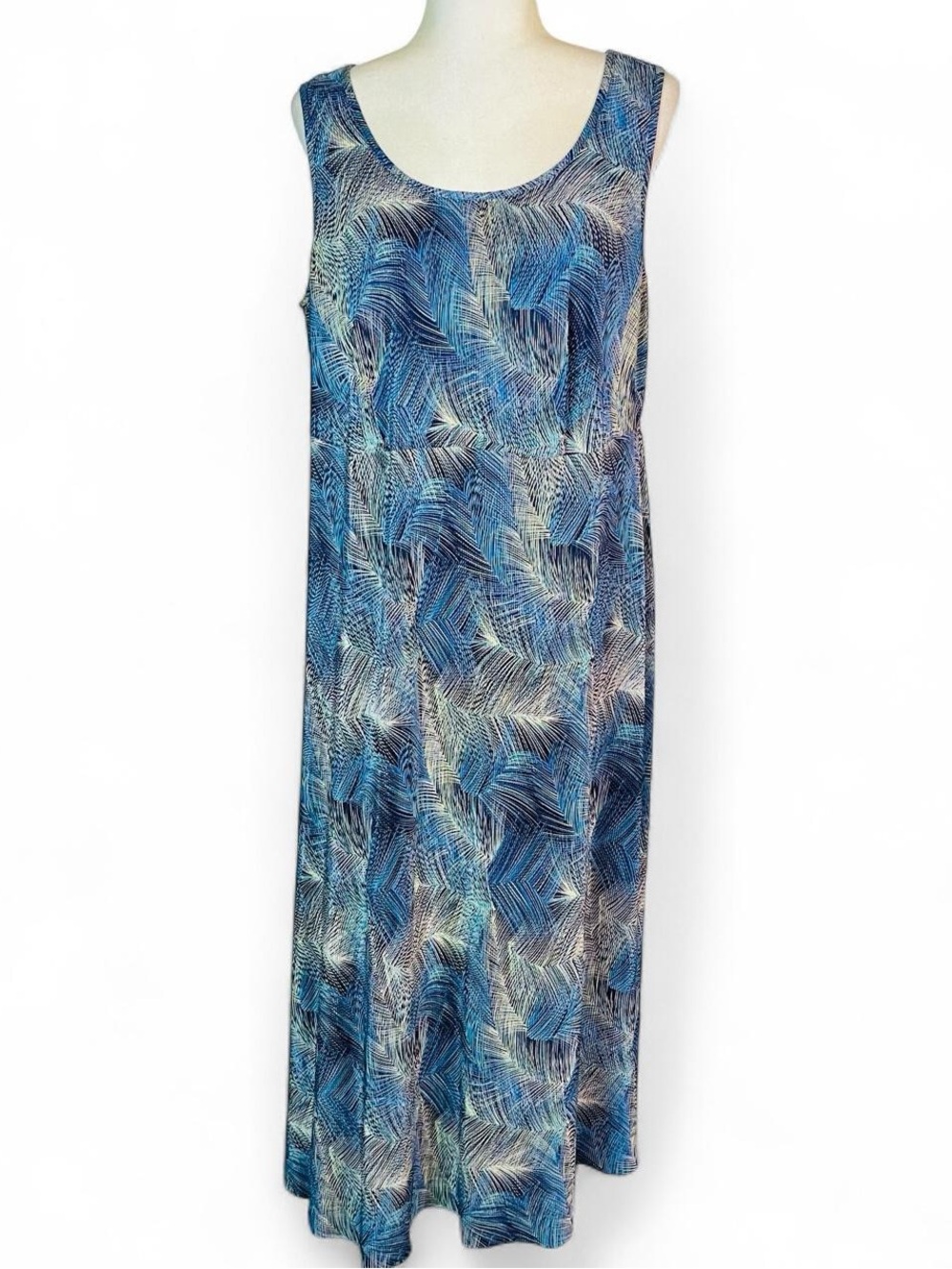 Vintage 80s 90s Plus Size 2X 3X Sleeveless Maxi Dress Textured Fabric Blue Leaf